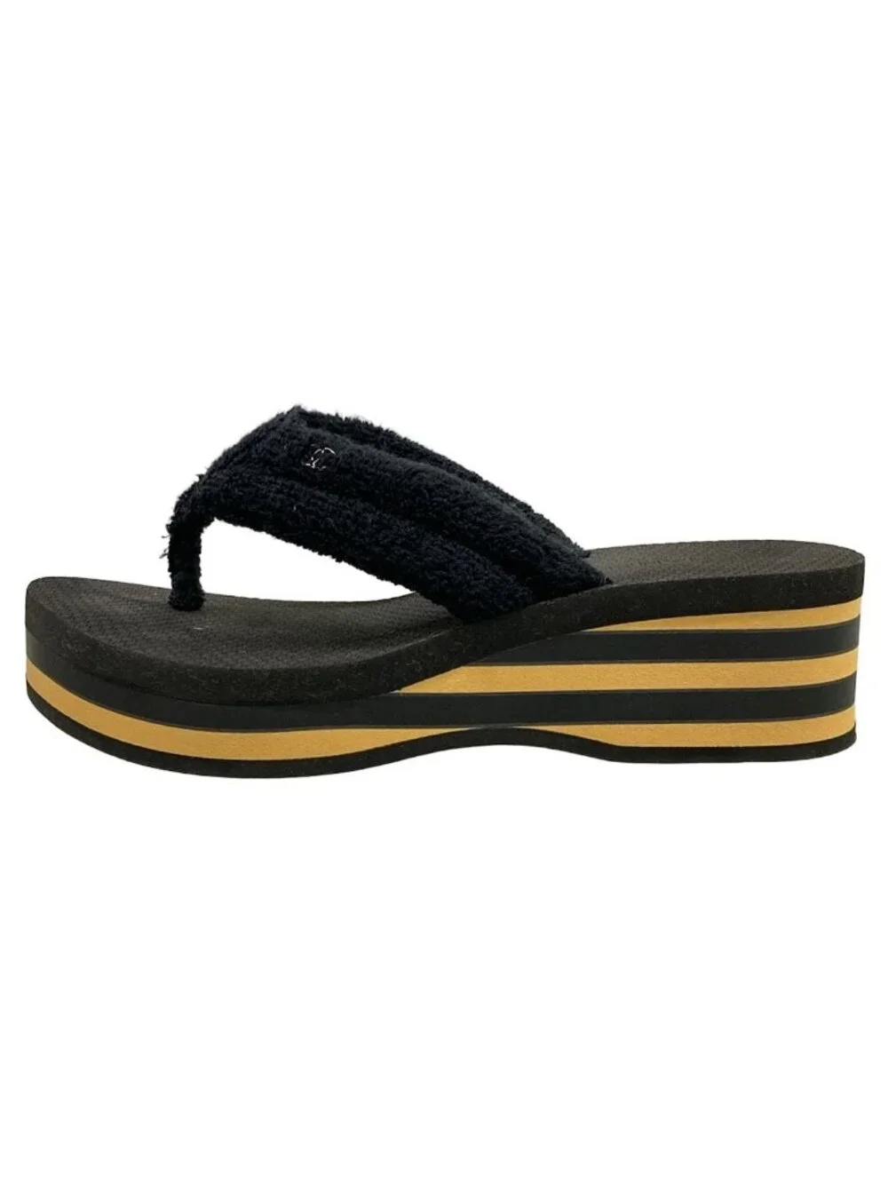 Chanel Beach Sandals Black Light Brown CC Logo Border Wedge Cotton